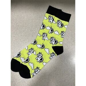 New In Package-Crazy Socks Cow/Clouds Lime Green Background. Fits Shoe Size 5-10